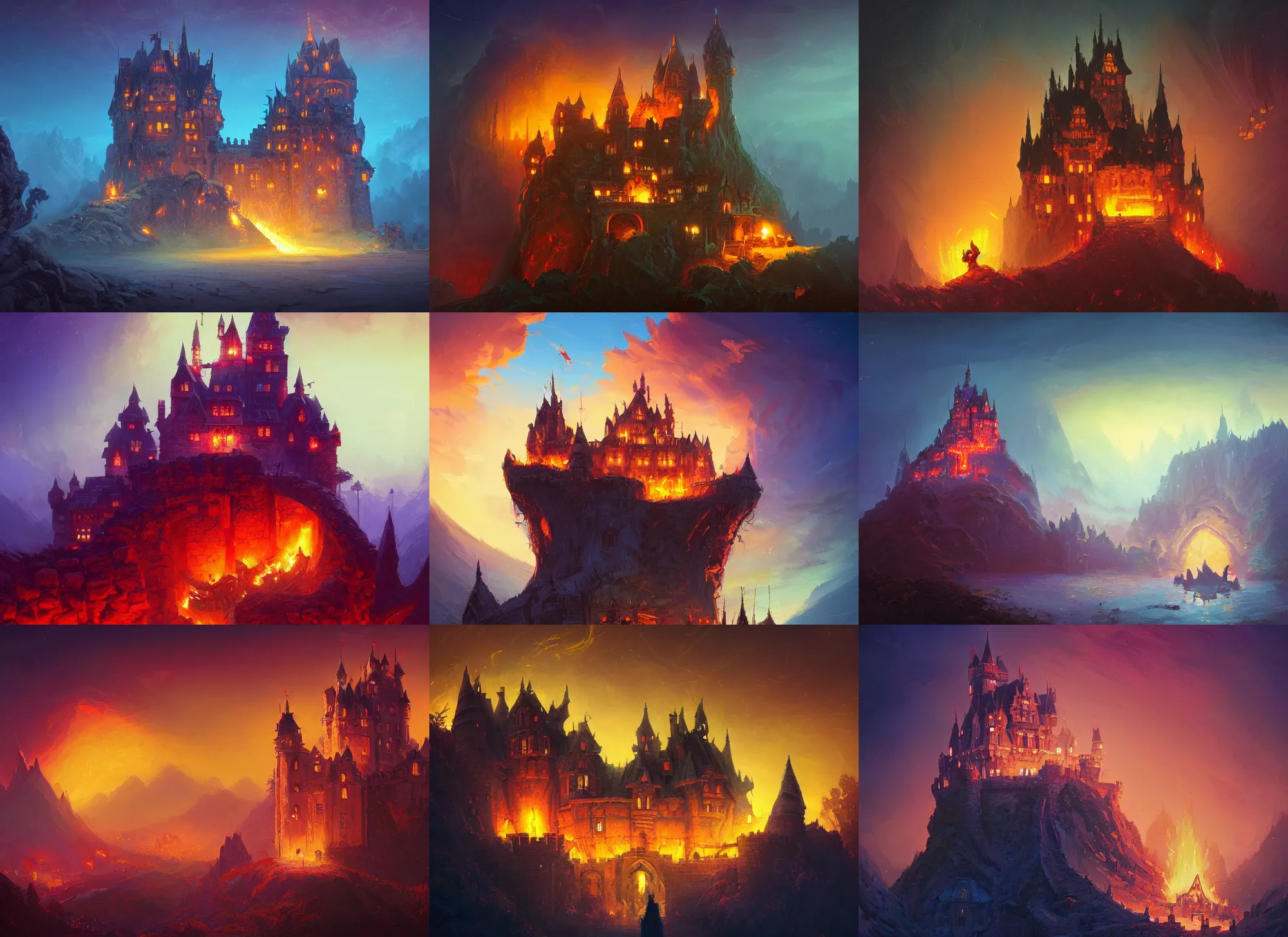 Prompt: a castle at night being lit up by the fire of a dragon, Alena Aenami, Petros Afshar, Noah Bradley, Anton Fadeev, Anato Finnstark, Steve Henderson, Filip Hodas, Mark Keathley, Thomas Kinkade, Phil Koch, Gilbert Williams, Mike Winkelmann, Beeple