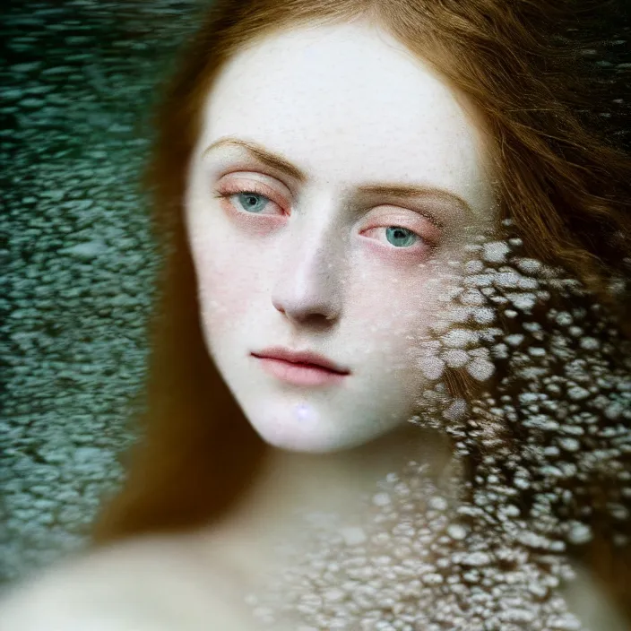 Image similar to Kodak Portra 400, 8K,ARTSTATION, Caroline Gariba, soft light, volumetric lighting, highly detailed, britt marling style 3/4 , extreme Close-up portrait photography of a beautiful woman how pre-Raphaelites,inspired by Ophelia paint, the face emerges from water of Pamukkale, hair are intricate with highly detailed realistic beautiful flowers , Realistic, Refined, Highly Detailed, interstellar outdoor soft pastel lighting colors scheme, outdoor fine art photography, Hyper realistic, photo realistic