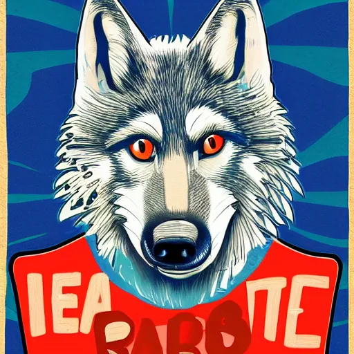 Image similar to portrait of retarded wolf, funny, squint eyes, rabies, propaganda style, vivid colors, poster style, bad art