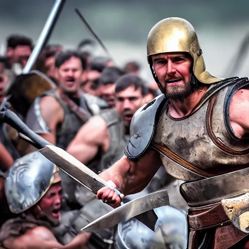 Prompt: A badass photo of tom cruise as King Leonidas of Sparta and a force of 300 men fight the Persians at Thermopylae in 480 B.C., award winning photography, sigma 85mm Lens F/1.4, blurred background, perfect faces