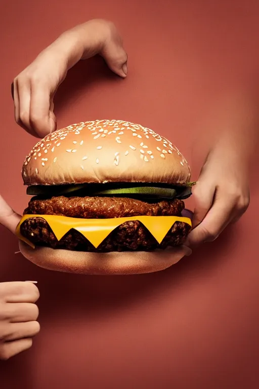 Image similar to mcdonalds hamburger smashed by a giant fist, commercial photography