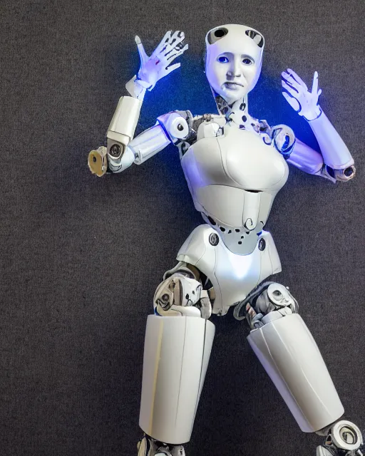 Image similar to blissful young woman with solarpunk mecha humanoid robotic parts with bright led lights, pudica pose gesture, by michelangelo, in white room, ultra - realistic and intricate, hdr 8 k