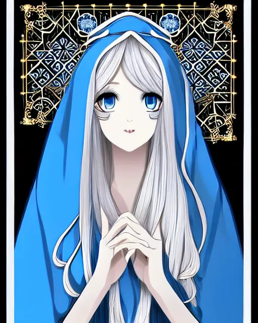 Image similar to a blonde woman wearing a blue veil and blue robes with ornate patterns | | very very anime!!!, fine - face, realistic shaded perfect face, fine details. anime. realistic shaded lighting poster