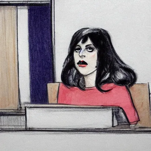 Prompt: courtroom sketch of lady gaga in the witness stand pointing at the hamburgler who is sitting at the defendant ’ s table