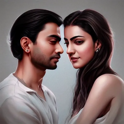 Image similar to perfectly centered symmetrical split male and female portrait of bollywood man and woman in love sharing one heart ; art by artgerm, photorealistic, highly detailed ; trending on artstation ; portrait by wlop