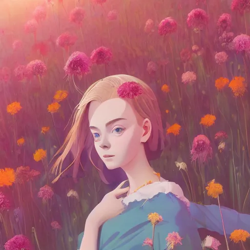 Prompt: a portrait of Elle fanning, field of flowers background, rich vivid colors, ambient lighting, dynamic lighting, 4k, official media, anime key visual, makoto shinkai, ilya kuvshinov, lois van baarle, rossdraws, detailed, trending on artstation