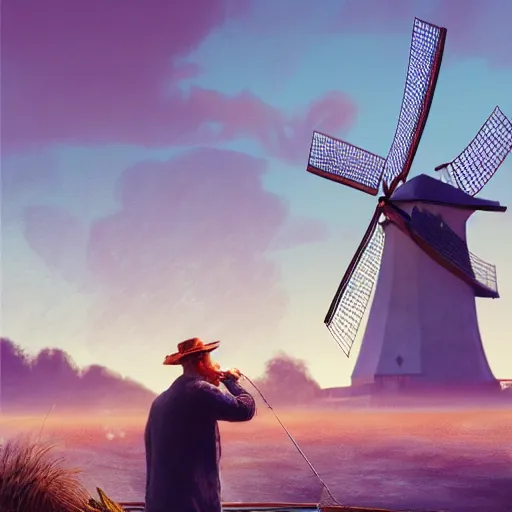 Prompt: dutch man fishing for croissants while eating a croissant with windmill in the background, high detail, elegant, digital painting, cinematic lighting, vibrant, intricate, textured skin, highly detailed, artstation, sharp, focus, hdr, unreal engine 5, breathtaking, illustration, anna dittmann, ilya kuvshinov, nikolay makovsky