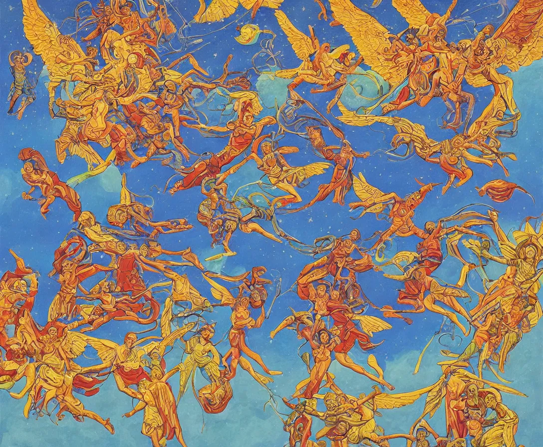 Prompt: sacred angels fighting in the skies of seattle, gouache, stylised, by mati klarwein and moebius