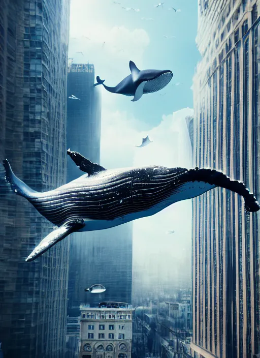 Image similar to whale flying over a building, wearing fashion clothing, id magazine, hyperrealism, detailed textures, photorealistic, 3 d city, ultra realistic, cinematic, intricate, cinematic light, unreal engine 8 k, octane render, unreal engine, david kostic, artgerm