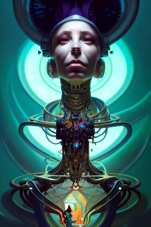 Image similar to portrait, biomechanical bioluminescent creature, cyberpunk, elegant baroque, asymmetrical art, hyperrealism, colorful, vivid, imposing, epic, digital painting, artstation, concept art, by peter mohrbacher and wlop and rhads and artgerm and magali villeneuve and alphonse mucha