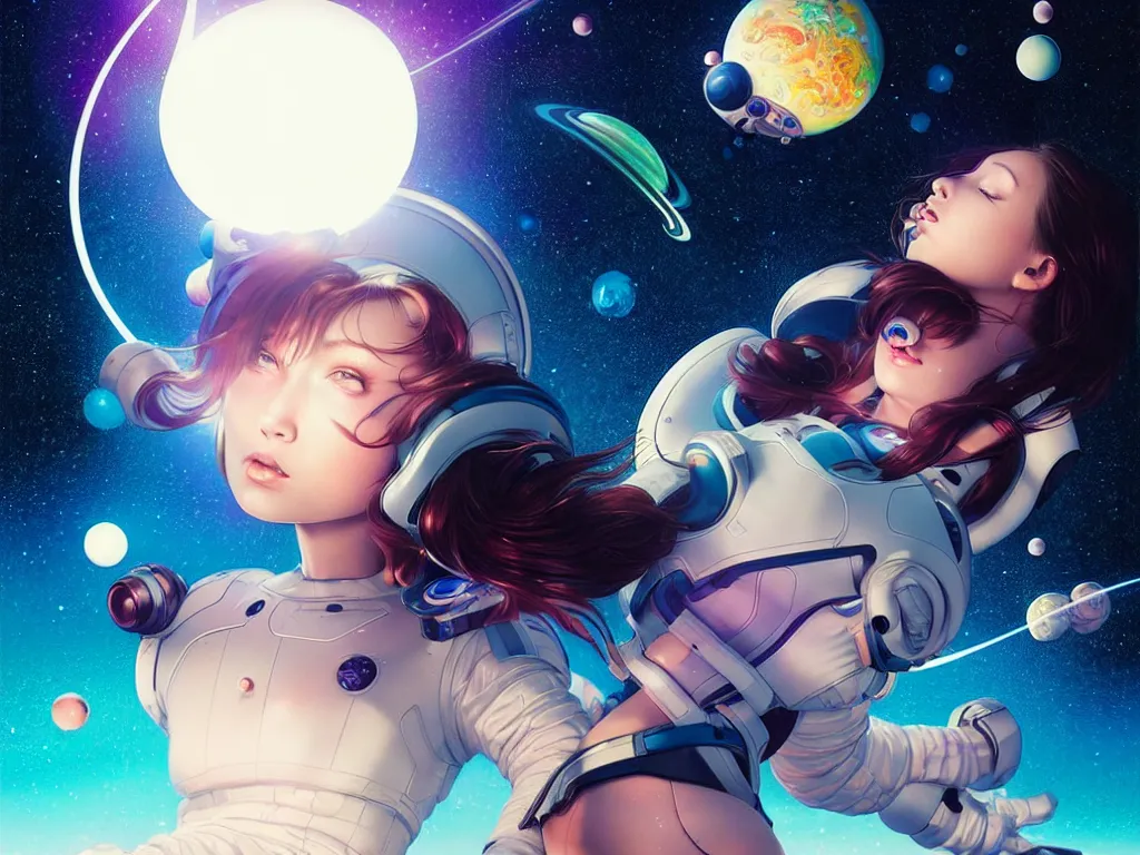 Image similar to bubbly space girl flying to the saturn with her animal compaions, occlusion shadow, specular reflection, rim light, unreal engine, artgerm, artstation, art by hiroaki samura and ilya kuvshinov and ossdraws, high quality, intricate detailed 8 k, fantasy illustration, extremely beautiful and aesthetic shape of face and body, movie poster