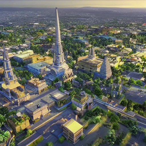 Image similar to hyper realistic 3 d rendering of the city of jogja via google earth rendered with the unreal engine, the image is refined with uhd, yellow light, blue sky, and aerial landscapes, and also the beauty is like the real world