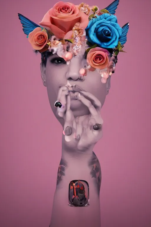 Image similar to milky crystal quartz eyeballs with wings. peach roses, background heavenly sky by basquiat, Trending on artstation. halo. octane render, cinematic, hyper realism, octane render, 8k, depth of field, 3D