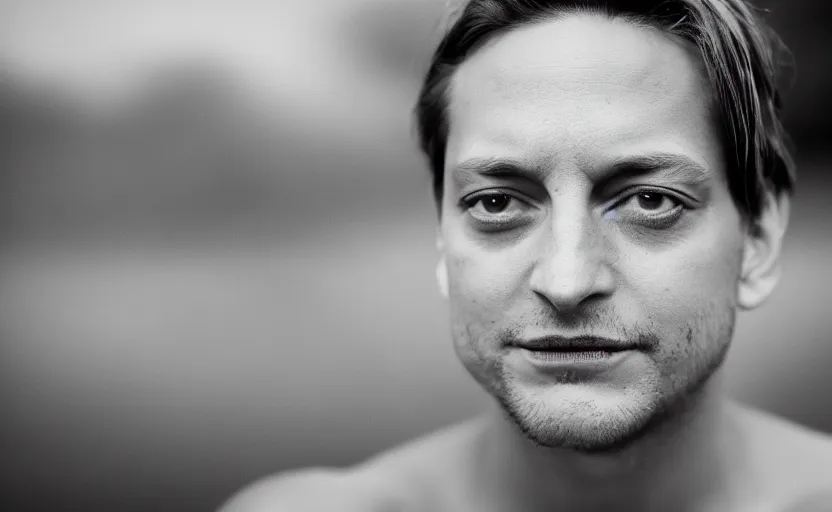 Image similar to photographic portrait by Annie Leibovitz of Tobey Maguire in a hot tub, closeup, foggy, sepia, moody, dream-like, sigma 85mm f/1.4, 15mm, 35mm, 4k, high resolution, 4k, 8k, hd, full color