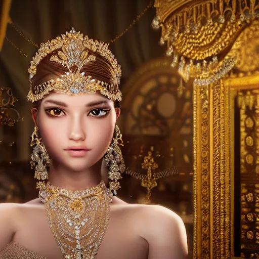 Image similar to portrait of pretty princess with perfect skin, beauty, glowing, ornate and intricate diamond jewelry, jaw dropping, ornate and intricate backdrop, white accent lighting, hyper detailed, 4 k octane render