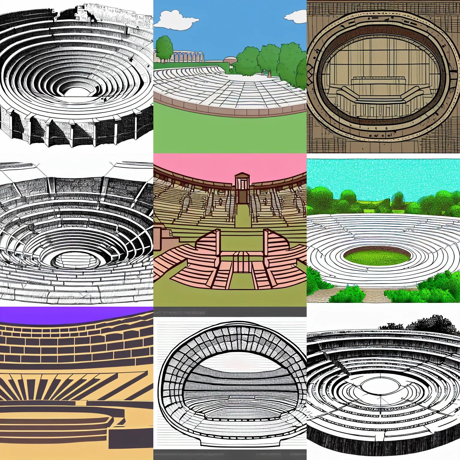 Prompt: a stephen biesty cross - section of ancient amphitheater, vector trace, wide shot, sketch - up, white background