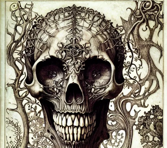 Image similar to memento mori by arthur rackham, art forms of nature by ernst haeckel, exquisitely detailed, art nouveau, gothic, ornately carved beautiful skull dominant, intricately carved antique bone, art nouveau botanicals, ornamental bone carvings, art forms of nature by ernst haeckel, horizontal symmetry, arthur rackham, ernst haeckel, symbolist, visionary