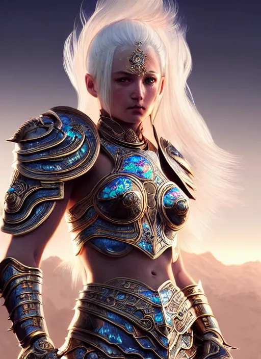 Image similar to warrior, intricate ornate opal heavy armor!!! beautiful and athletic white hair female!! gorgeous face and eyes!! character concept art, sharp focus, octane render! unreal engine 5! highly rendered!! trending on artstation!! detailed linework!! illustration by artgerm, wlop, and chie yoshii