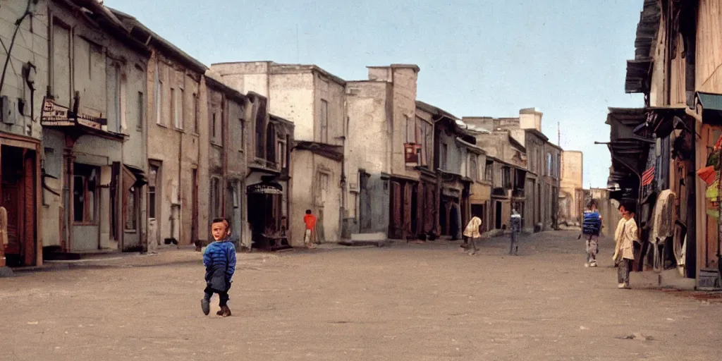 Image similar to color photo of a boy walking down a town in space