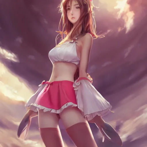 Image similar to full body shot of aerith gainsborough by WLOP, rossdraws, Logan Cure, Mingchen Shen, BangkuART, sakimichan, yan gisuka, JeonSeok Lee, zeronis, Chengwei Pan on artstation