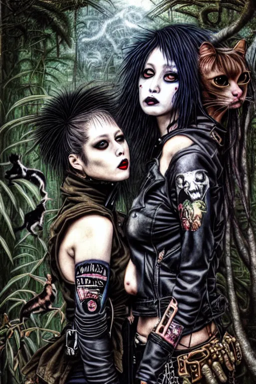 Image similar to punk rock girls kissing and making selfie with black cats in jungle , 1980 style by by Ayami Kojima, mad max jacket, post apocalyptic, Cyberpunk, renaissance, Gothic, mystic, highly detailed, digital painting, 4k, fog, oil painting by Leonardo Da Vinci, hyper realistic style, fantasy by Olga Fedorova