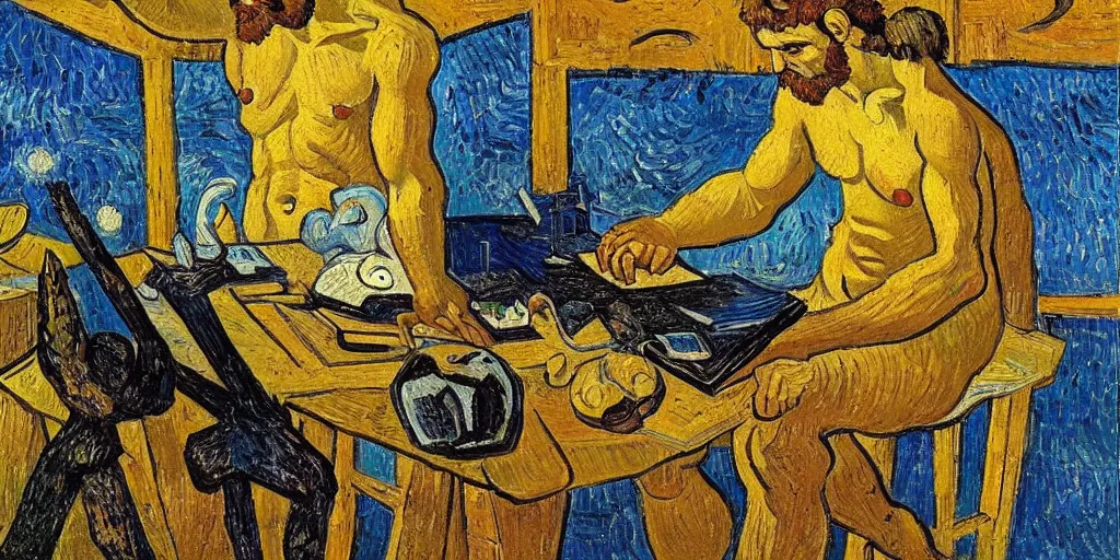 Prompt: a greek god sitting at his desk on the surface of the moon, national geographic, detailed, oil painting, vincent van gogh, gaugin, modigliani