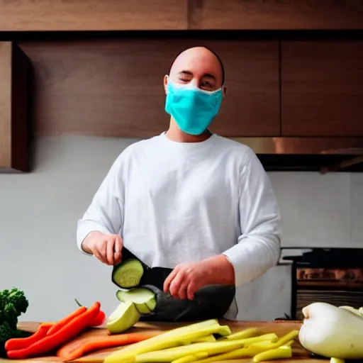 Prompt: a person cutting vegetables while wearing ghostface mask