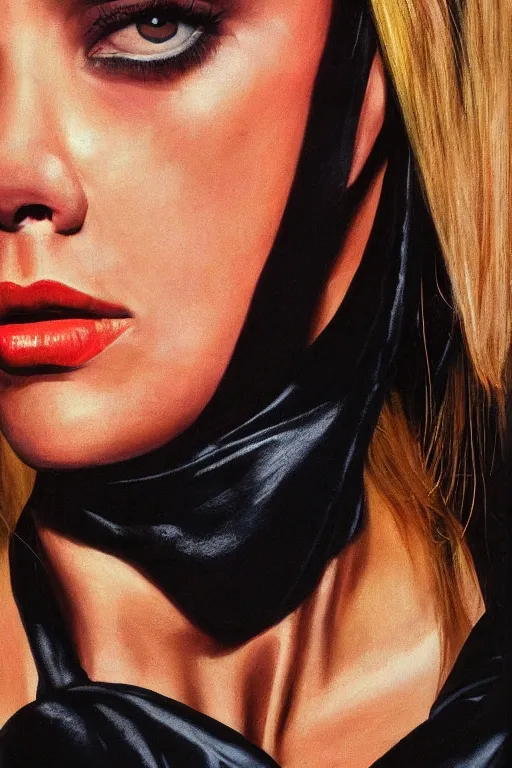 Prompt: hyperrealism oil painting, close - up portrait, fashion model, fully clothes in black silk, complete darkness, in style of classicism mixed with 8 0 s sci - fi hyperrealism