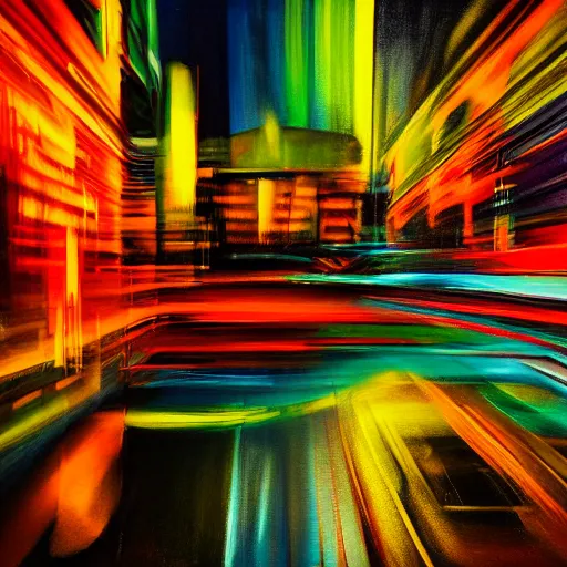 Image similar to abstract oil painting of a long exposure of a busy neon street