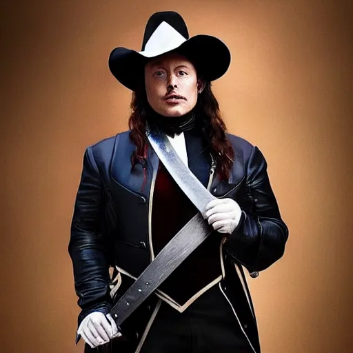 Image similar to full body photo of elon musk cosplaying a musketeer, he has a big black hat and holds a shiny sword