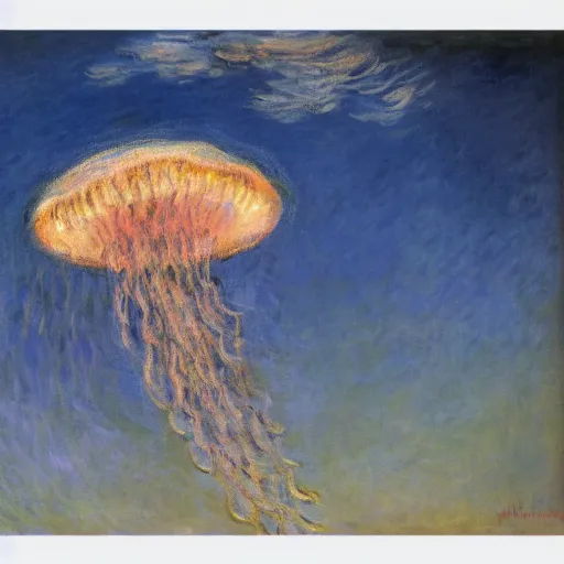 Prompt: a Claude Monet painting of a jellyfish fairy hovering over the sky during dawn