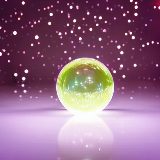 Image similar to A reflective crystal ball sitting on a table, glowing background lights, moody, magic, by Michael Kincade