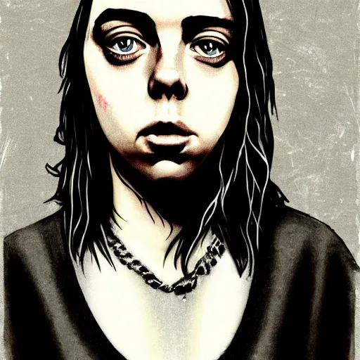 Image similar to grunge drawing of billie eilish in the style of the shining