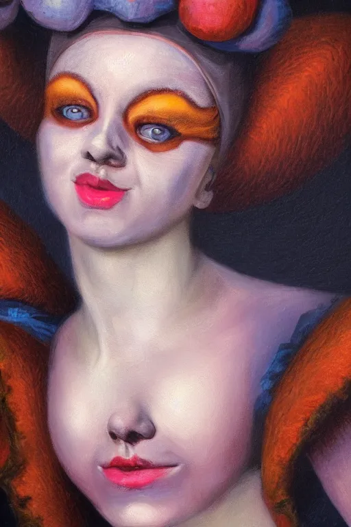 Prompt: hyperrealism oil painting, close - up portrait of commedia dell'arte fashion woman model, gradient mixed with nebula sky, in style of baroque