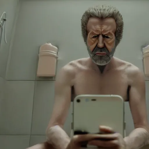 Prompt: hyperrealism aesthetic ridley scott and denis villeneuve style photography of a detailed giant, siting on a detailed ultra huge toilet and scrolling his smartphone in hyperrealism scene from detailed art house movie in style of alejandro jodorowsky and wes anderson