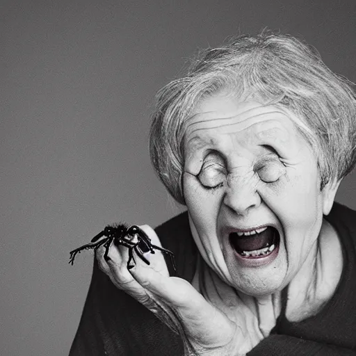 Image similar to an old woman happily swallowing a spider,