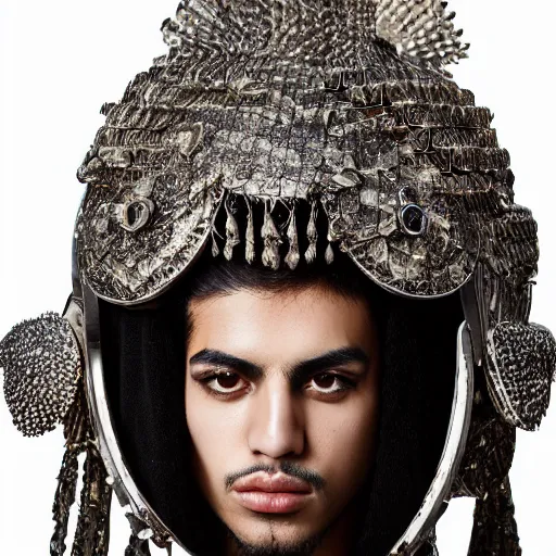 Prompt: a portrait of a beautiful young persian male wearing an alexander mcqueen armor made of quartz , photographed by andrew thomas huang, artistic