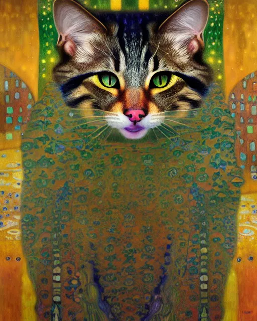 Image similar to wild forest cat portrait an oil painting splashes with many colors and shapes by gustav klimt greg rutkowski and alphonse mucha, polycount, generative art, psychedelic, fractalism, glitch art