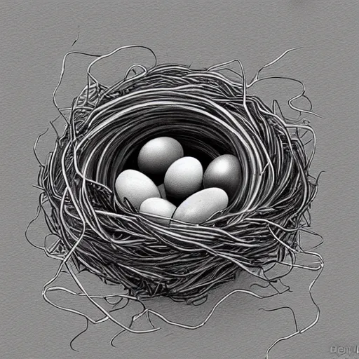 Image similar to Pencil sketch of a bird nest made out of earphones and earphone cables, eggs, detailed, professional art