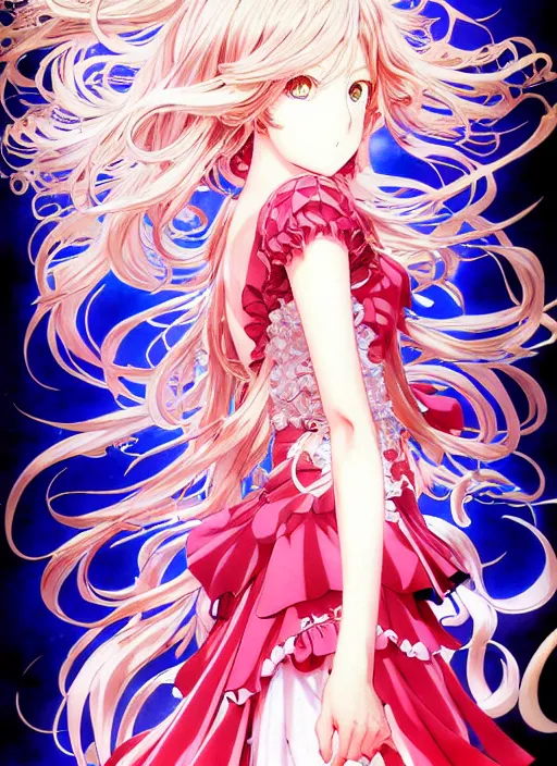 Prompt: exquisite imaginative manga poster of fate grand order, long wavy hair, rococo ruffles dress, shimmering, by shigenori soejima, minaba hideo, katsuhiro otomo, jump comics, illustration, artstation, dark fantastic, highly detailed, 8 k, fluorescent, maximalist