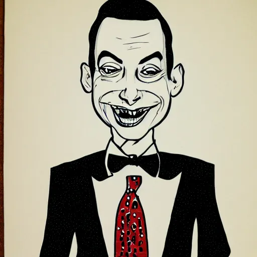 Image similar to caricature drawing of pee wee herman, illustration, ink, isca, award winning, new yorker