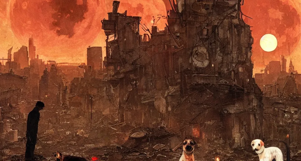 Image similar to a detailed illustration of a lonely sad dog against the background of a ravaged city and a red moon, artstation, by Norman Rockwell, Art Nouveau, sophisticated, Unreal engine, dystopia, anti-utopia, post processing, nostalgic melancholic artwork, intricate