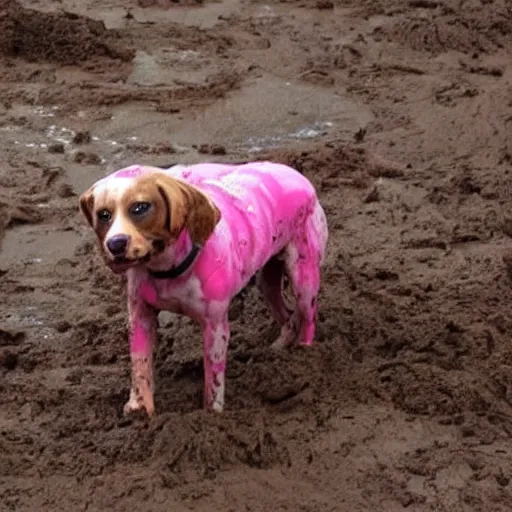 Image similar to a dirty dog in pink mud. photo