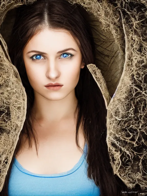 Image similar to hyperdetailed photo of a beautiful ukrainian girl, brown eyes, dark hair, winds of winter, with ripped t - shirt