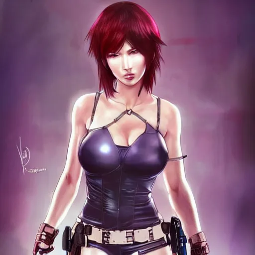 Image similar to concept art illustration of young japanese christina hendricks natalie portman as lara croft motoko kusanagi anime protagonist, wearing tokyo harajuke street fashion combat warrior fantasy bikini, intricate, elegant, art by artgerm and rosstran, masamune shirow