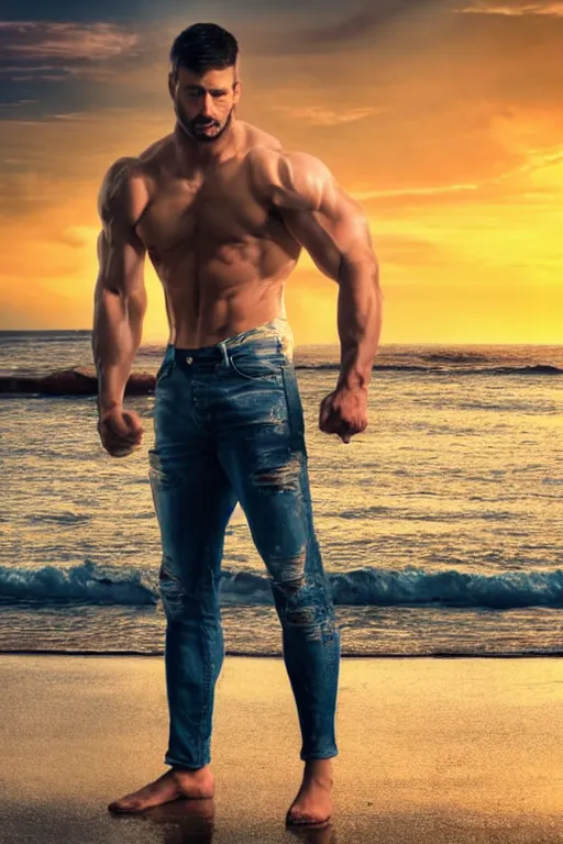 Image similar to a very muscular and defined man wearing ripped pants and shirt looking to the sea at sunset, godrays, complementary colors, natural lighting, portait image, path tracing, serene landscape, high quality, highly detailed, 8K, soft colors, warm colors, turbulent sea, high coherence, anatomically correct, hyperrealistic, concept art, defined face, five fingers