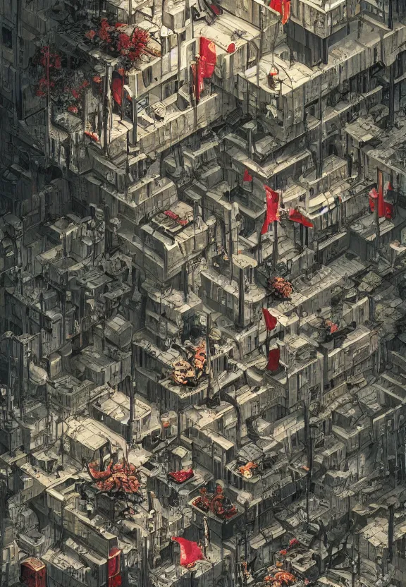 Prompt: [Underground city with checkered!! flags, brutalism! and little mushrooms. Propaganda!!! poster!!!!!, elegant, highly detailed, digital painting, artstation, concept art, matte, sharp focus, illustration, art by Enki Bilal and Moebius]