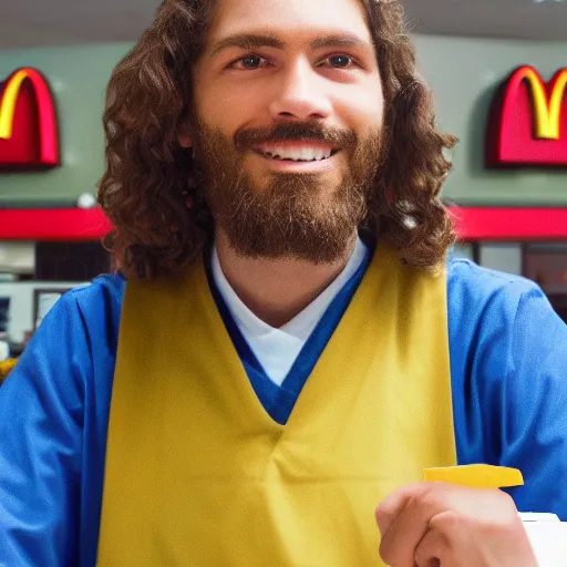 Prompt: closeup portait of jesus working as a cashier at macdonalds