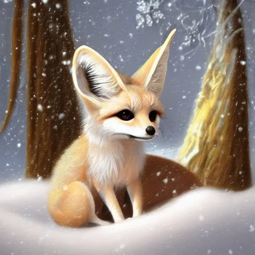 Image similar to Baroque painting of a cute fennec fox in a winter wonderland, artstation, exquisite detail