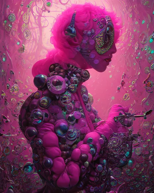 Prompt: beautiful fantasy character portrait, yayoi kusama locked in an infiniti room, wearing oversized puffy pink bomber jacket and black bikini, ultra realistic, wide angle, seductive pose, cyberpunk artifacts, highly detailed by peter mohrbacher, hajime sorayama, wayne barlowe, boris vallejo, aaron horkey, gaston bussiere, craig mullins
